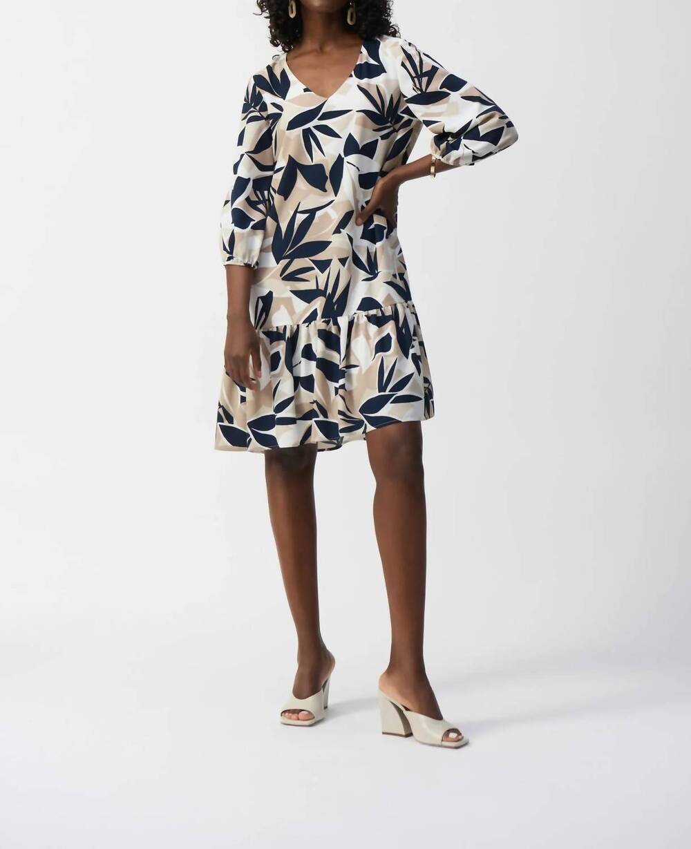 NEW JOSEPH RIBKOFF leaf print puff sleeve trapeze dress in vanilla/multi